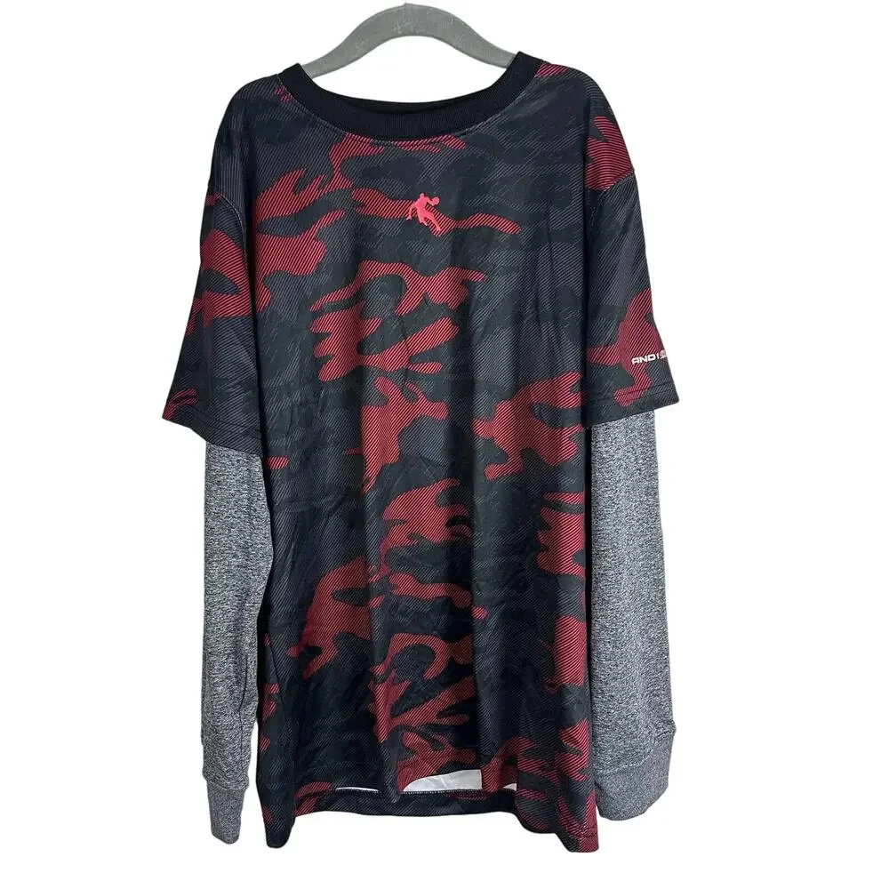 And1 Long Sleeve Layered Basketball Graphic Tech Shirt Red Camo Boys L 10 12